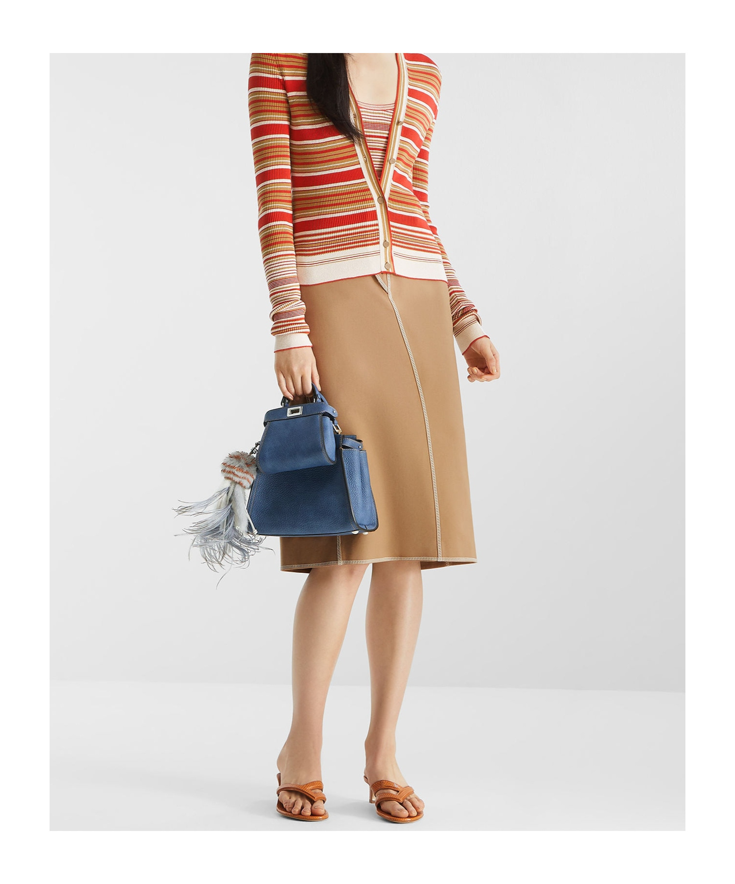 Fendi Beige And Red Striped Cotton And Silk Top