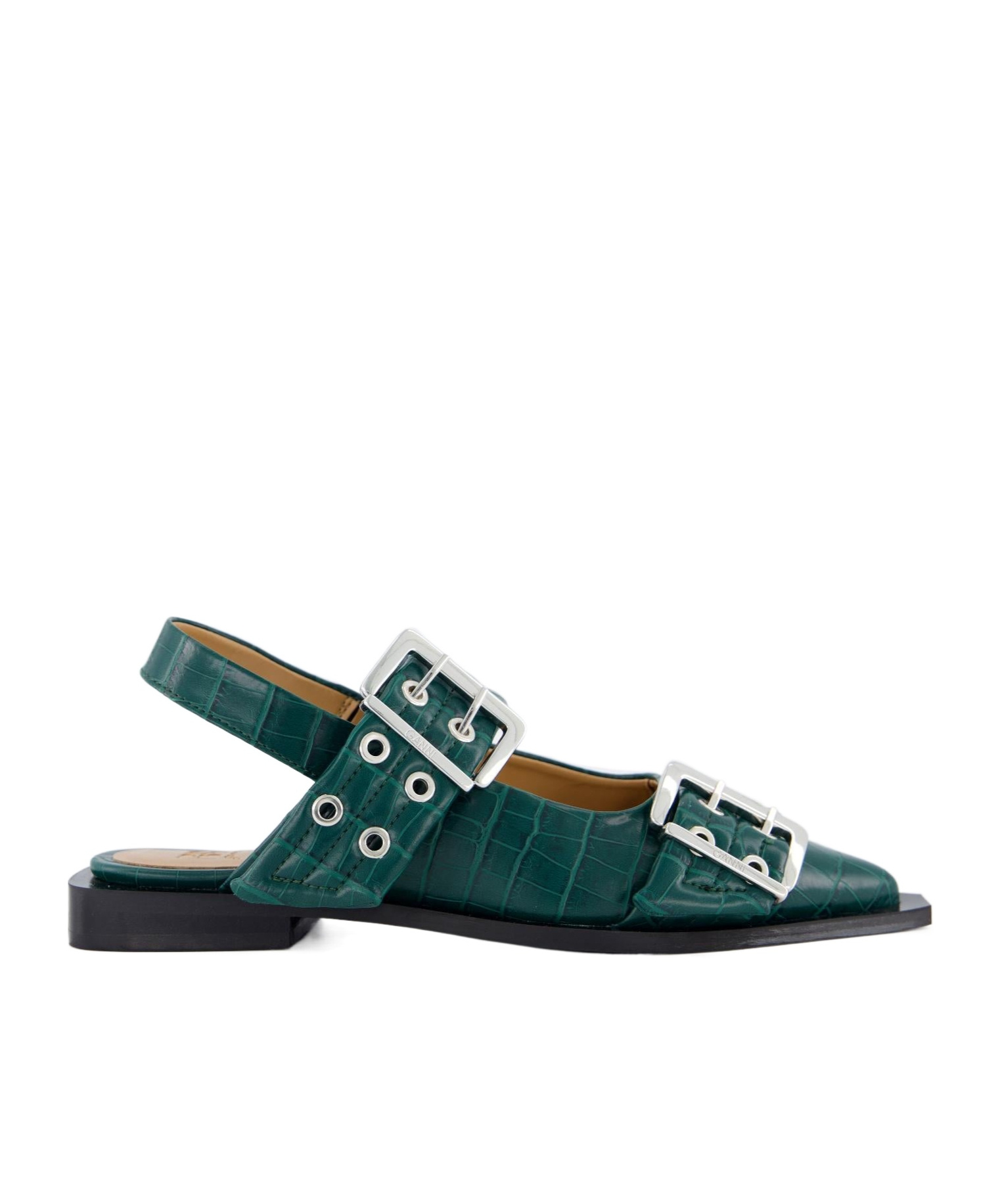 Ganni Thick Buckle Ballet Shoes In Green