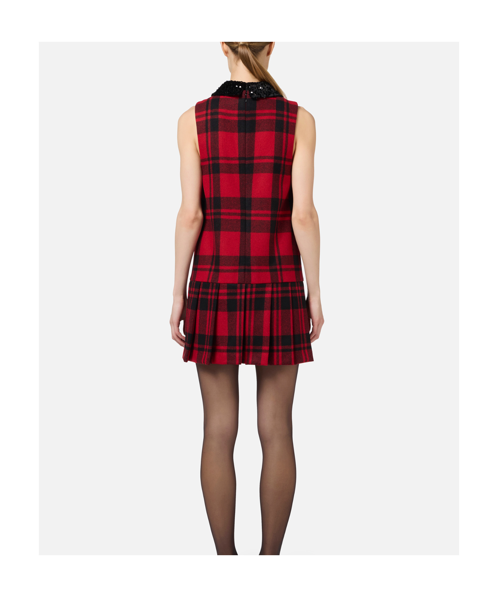Elisabetta Franchi Red Wool Tartan Embroidered Patch Dress In Red