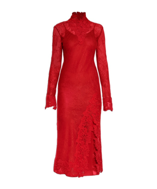 Blumarine Lace-insert High-neck Dress In Red