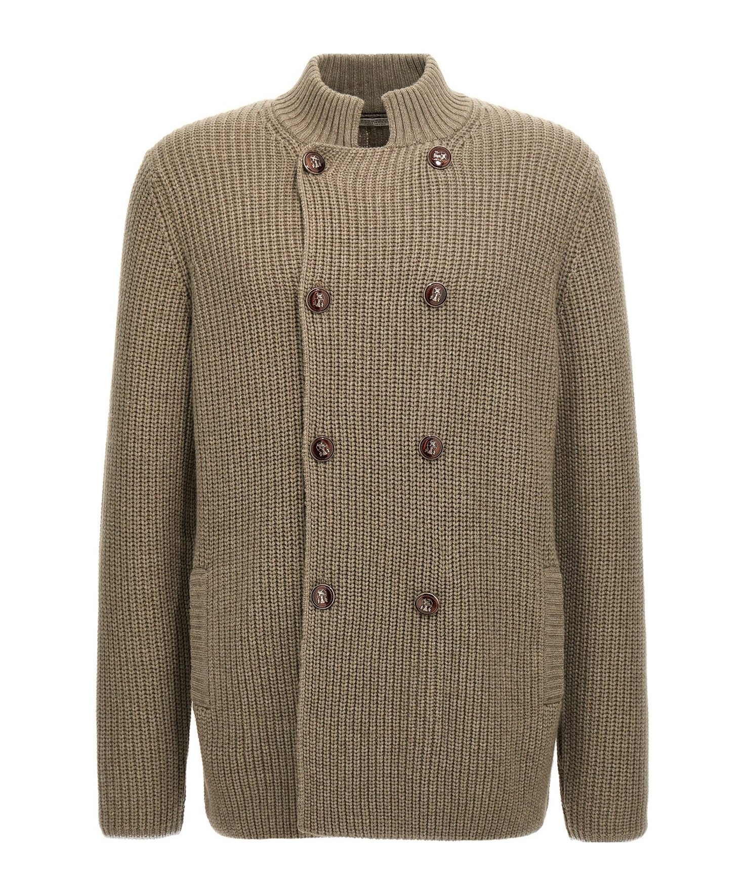 Brunello Cucinelli Olive Double-breasted Cardigan In Brown