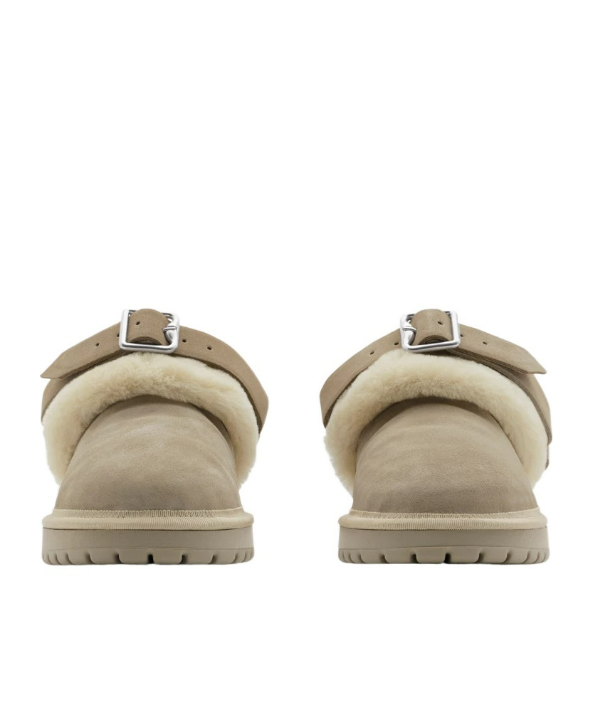 Burberry Buckle Fastening Shearling Suede Mules In Nude