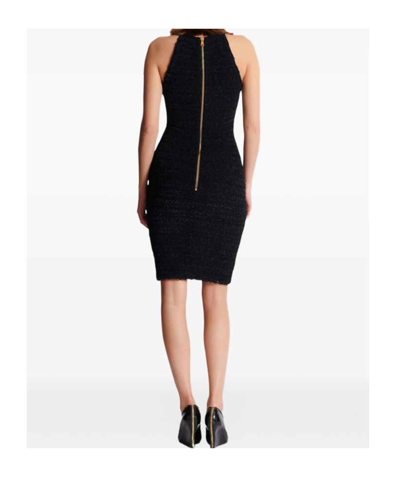 Balmain Buttoned-pocket Tweed Mini Dress In Black