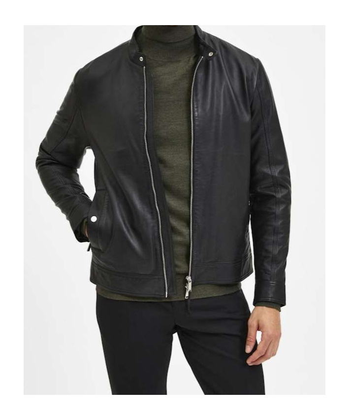 Selected Zippered Long-sleeved Leather Jacket In Animal Print