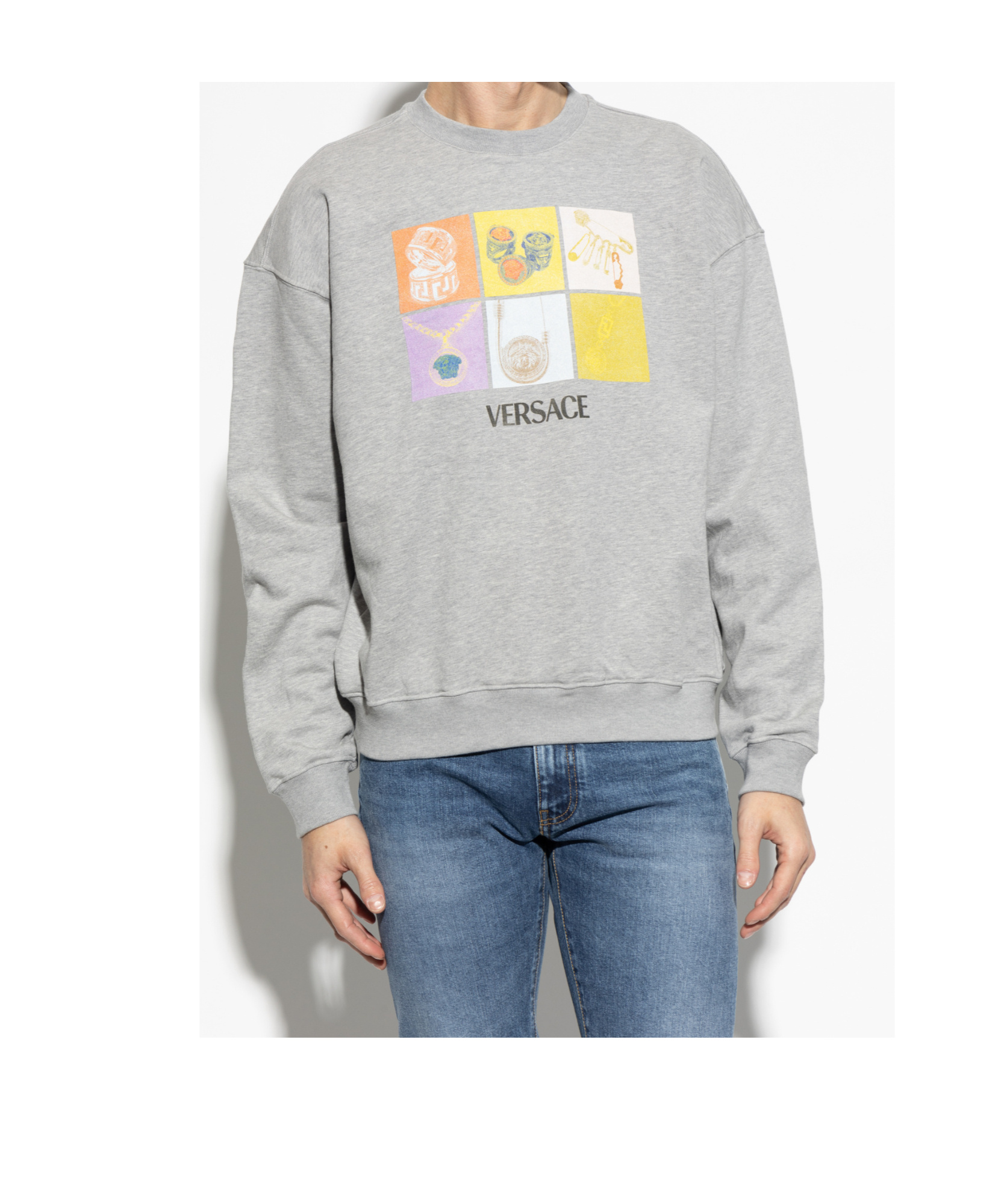 Versace Round-collar Long-sleeve Hoodie In Gray