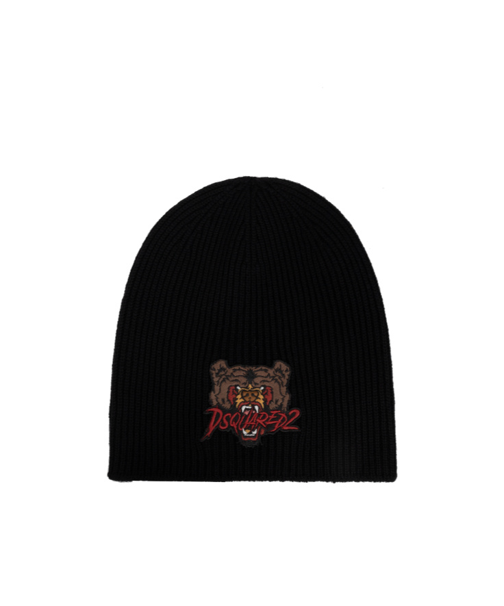 Dsquared2 Wool Beanie With Front Embroidery In Black