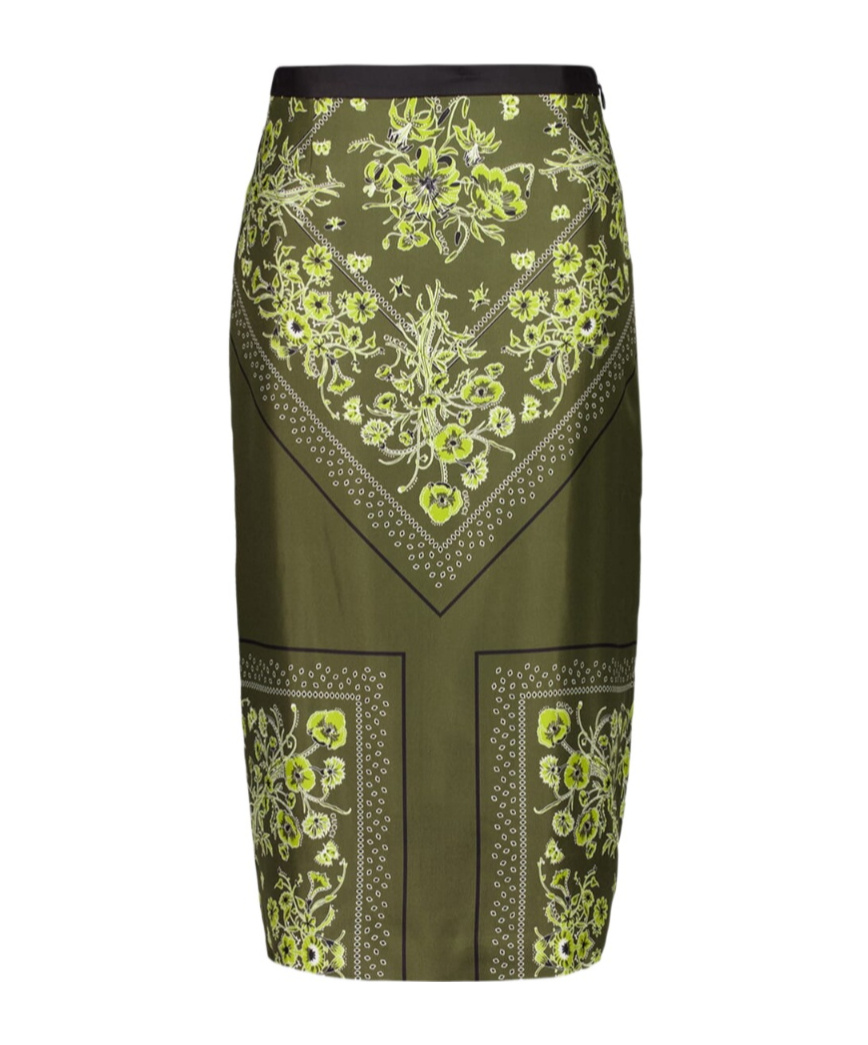 Gucci Womens Forest Green Brown Floral Slit Silk Midi Skirt In Green