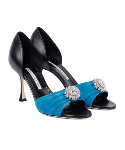 Manolo Blahnik Mule High-heel Sandals With Crystal Rhinestone Buckle In Blue