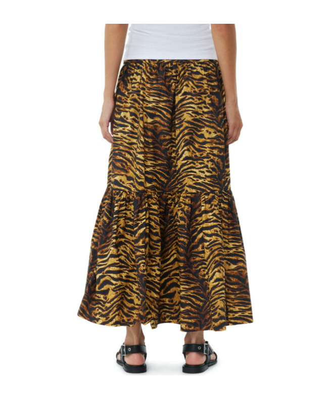 Ganni Tiger-striped Poplin Midi Skirt In Brown