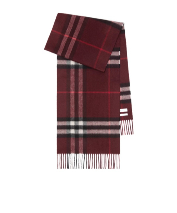 Burberry Check Patterned Cashmere Scarf Fringed Edges In Red