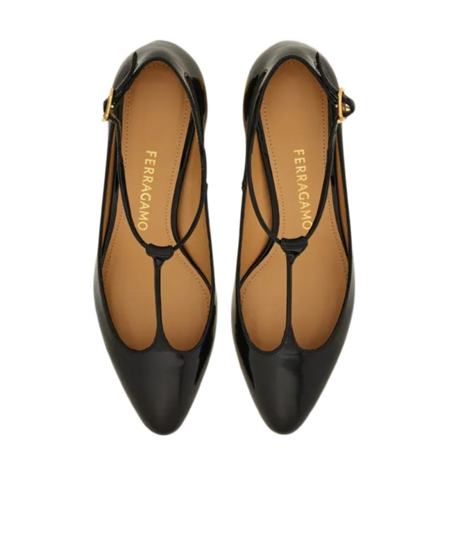 Ferragamo Round Toe T-bar Strap Gold Heel In Black