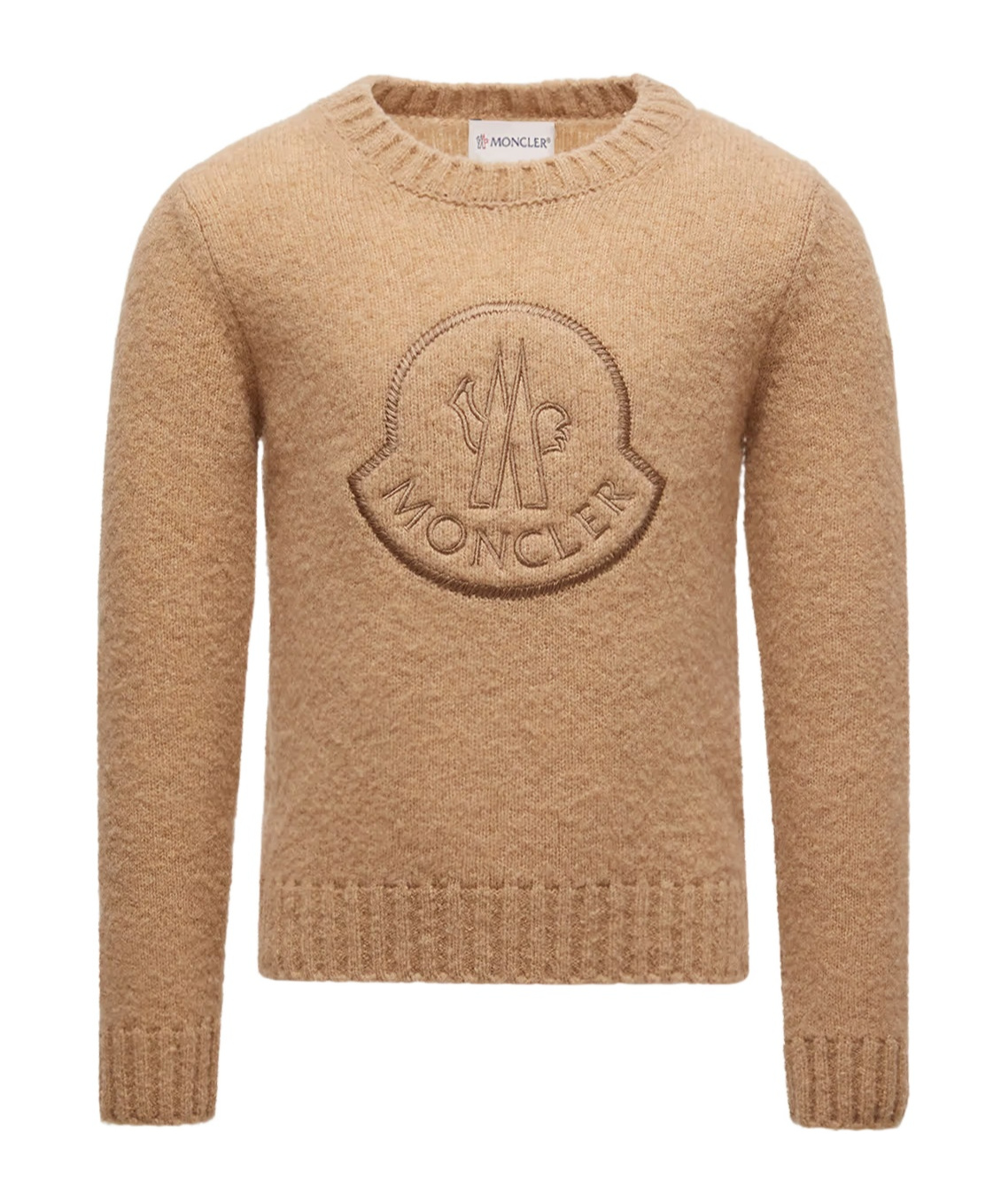 Moncler Embroidered Logo Wool Blend Jumper In Brown