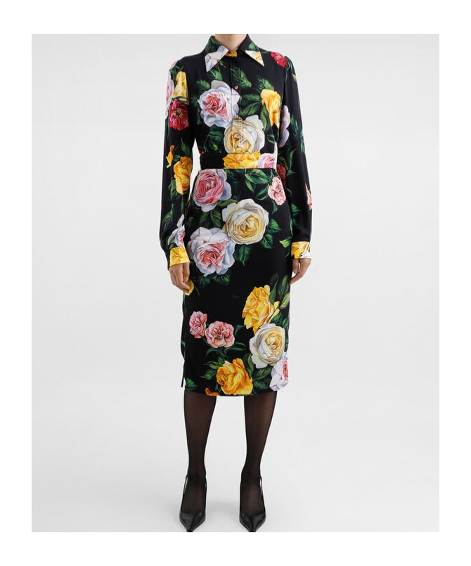 Dolce & Gabbana Multicolor Shirt With Oversize Pointed Collar And All-over Floral Motif In Silk Stretch Woman In Black