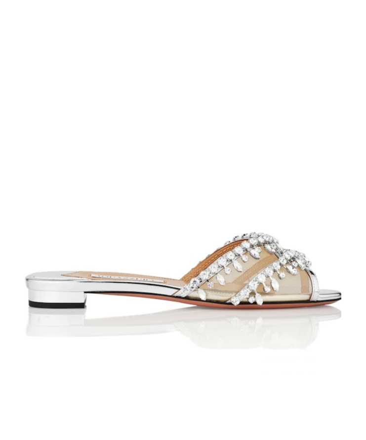 Aquazzura Temptation Crystal-embellished Mesh-trimmed Metallic Leather Slides In White