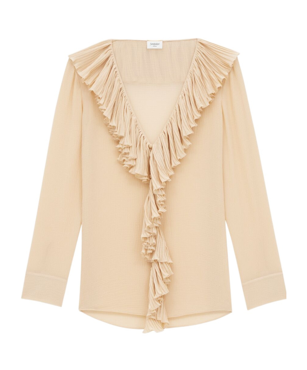 Shop Saint Laurent Ruffled Blouse In Silk Crepon Muslin In Nude