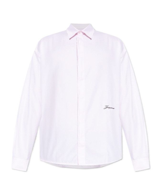 Jacquemus Men Shirt With Embroidered Logo And Herringbone Pattern In Pink