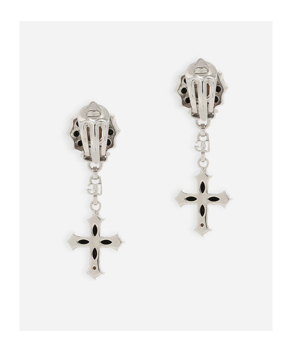 Dolce & Gabbana Elegant Gold Earrings With Black Cross Pendant In Black