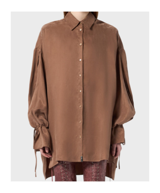 Blumarine Oversized Shirt In Washed Gabardine In Brown