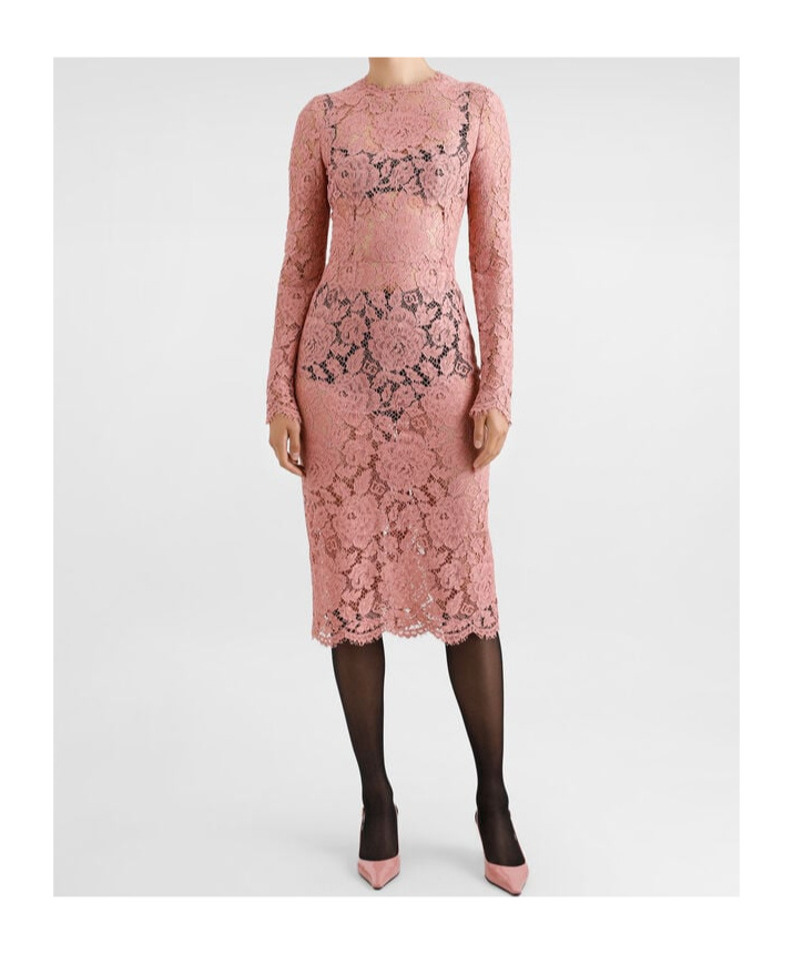 Dolce & Gabbana Women Branded Floral Cardonetto Lace Sheath Dress In Pink