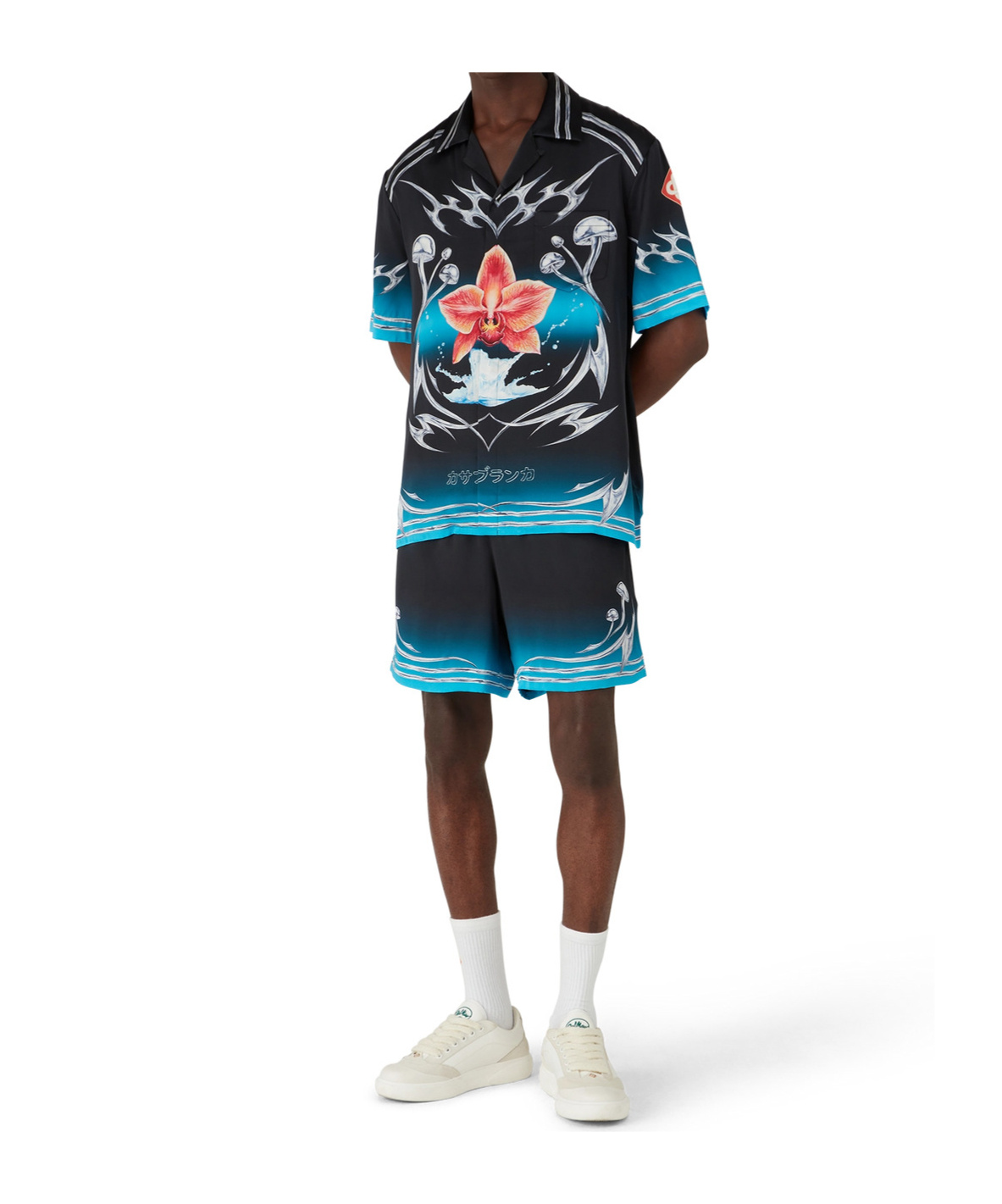 Casablanca Blades Orchid-print Cuban-collar Shirt In Black
