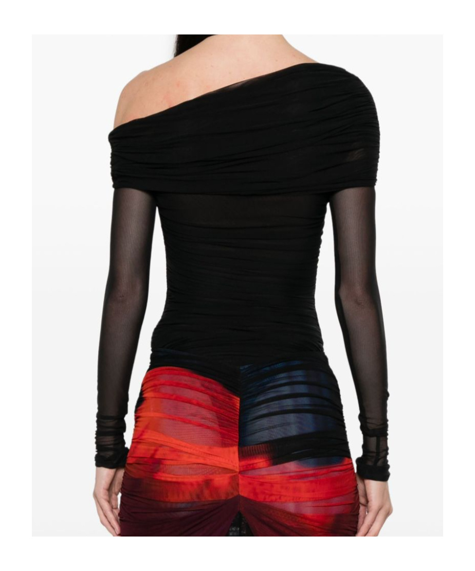 Mugler Black Off-shoulder Ruched Bodysuit In Black
