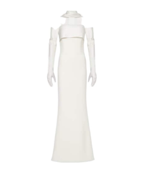 Safiyaa London Roshana Sash Crêpe Gown With Gloves In White