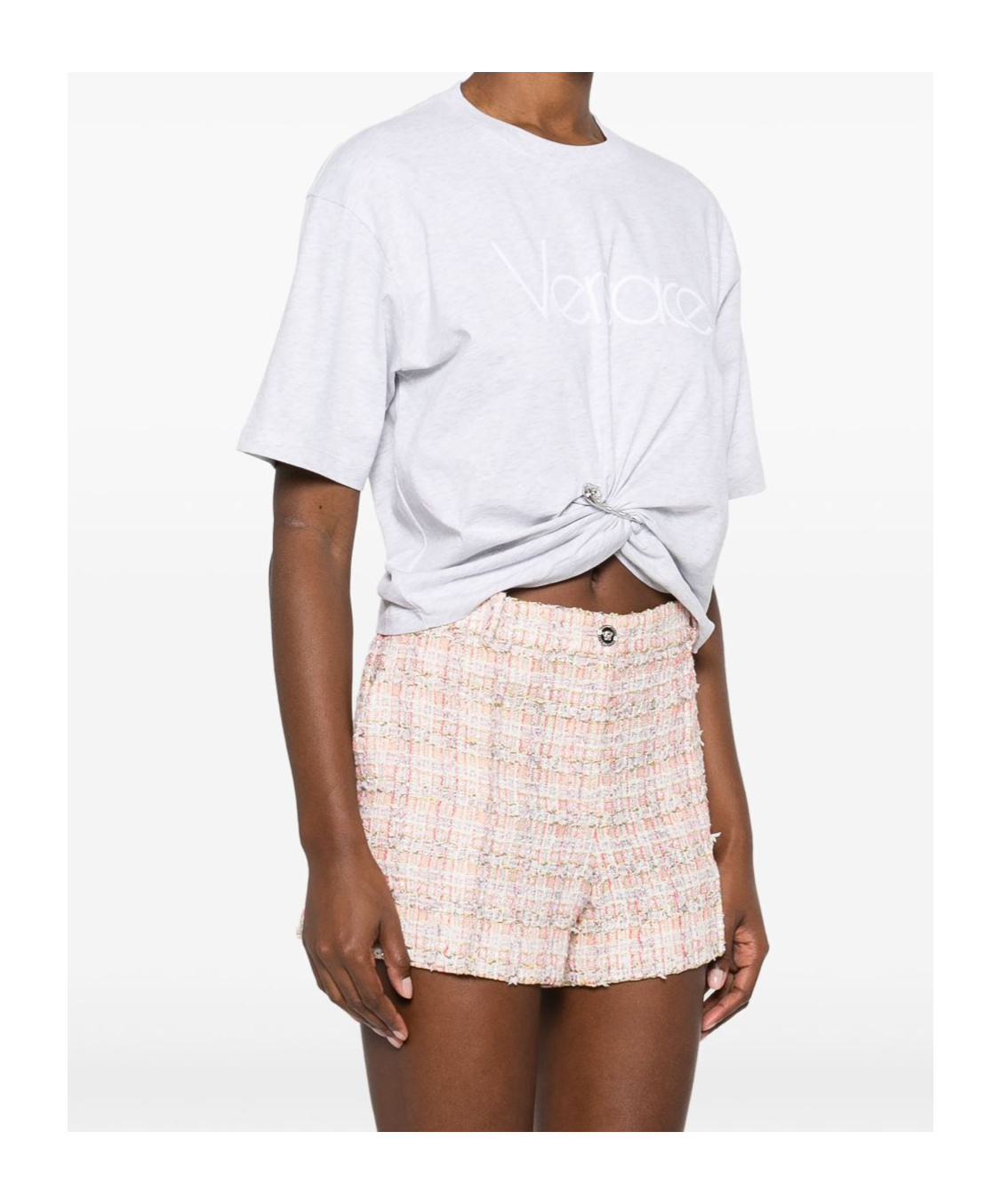 Versace Cropped T-shirt With Twist Detail And Safety Pin Logo In White
