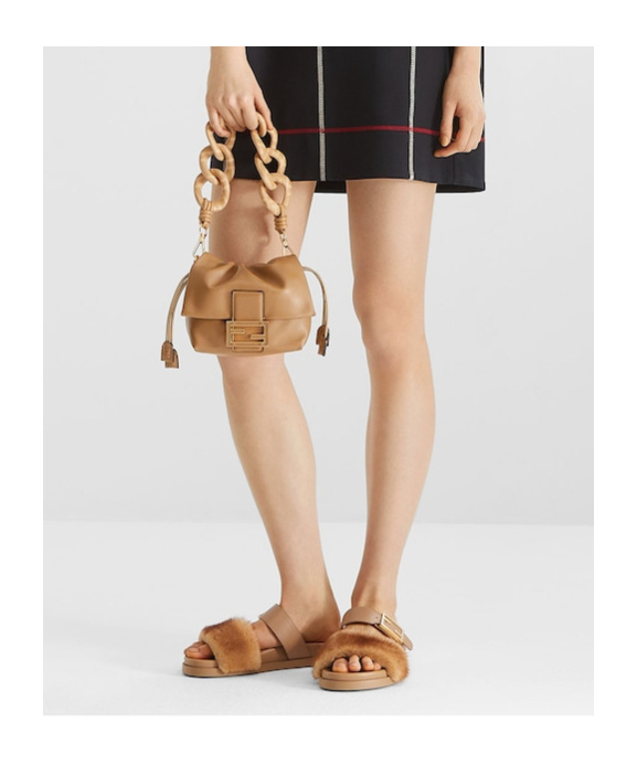 Fendi Light Brown Leather And Mink Slides