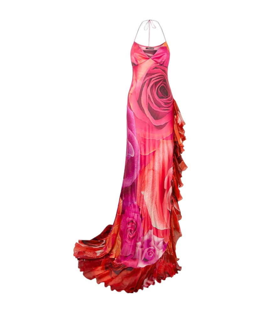 Shop Roberto Cavalli Dress With Rose Print And Flounces