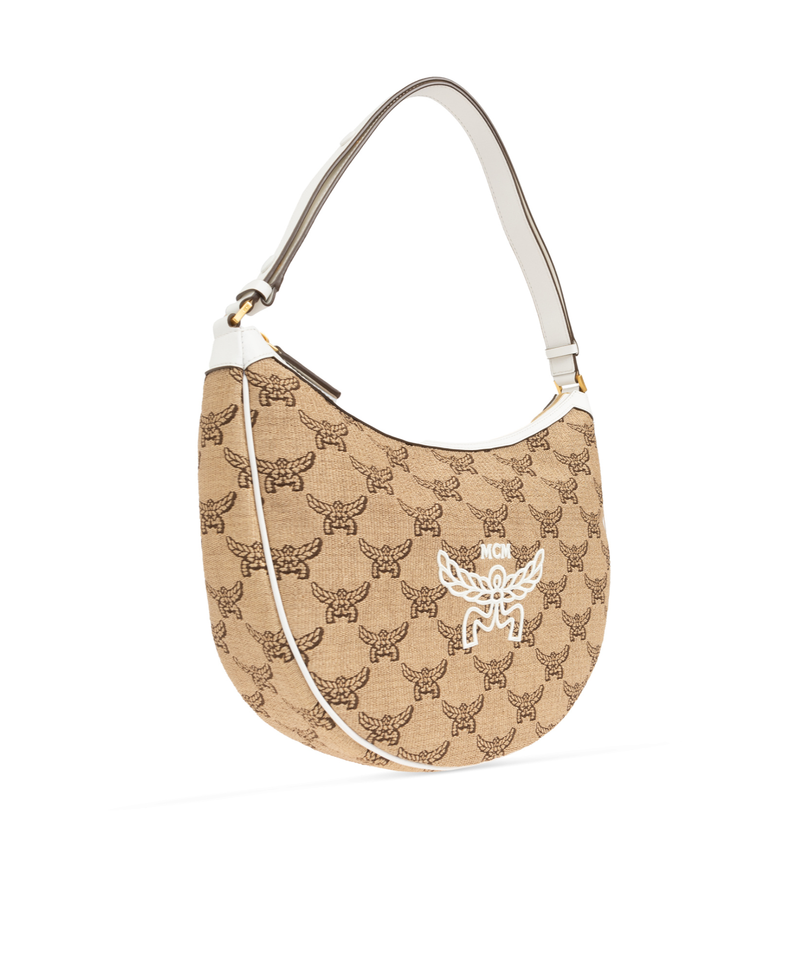 Mcm Women Embroidered Raffia Himmel Ascending Moon Shoulder Bag In Nude