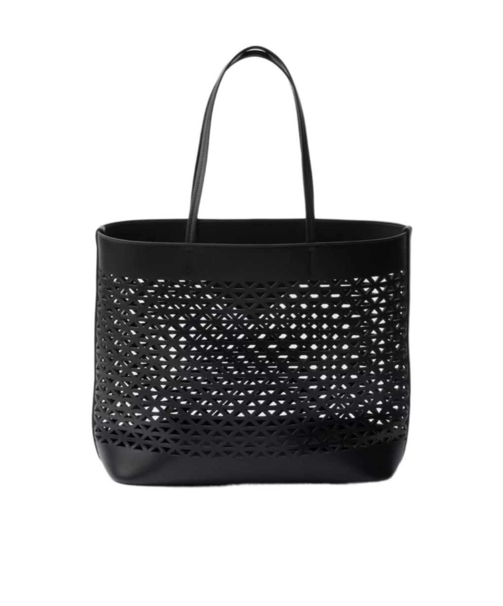 Prada Large Black Perforated Leather Shopping Bag Women In Black