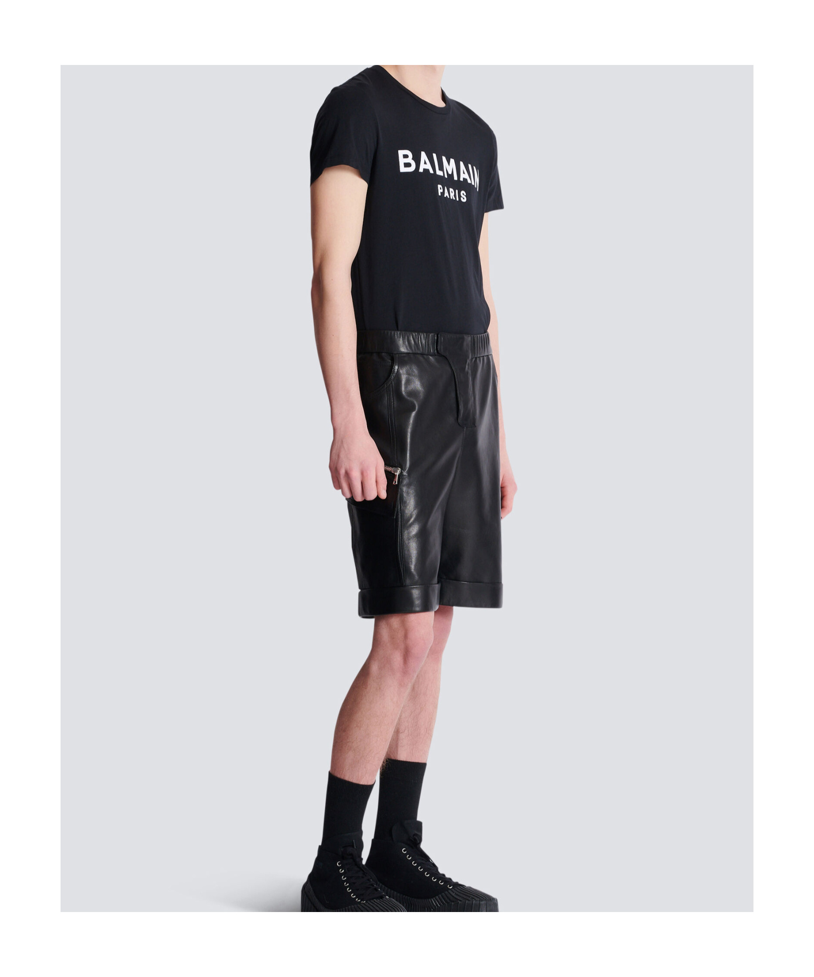 Balmain Leather Cargo Bermuda Shorts In Black