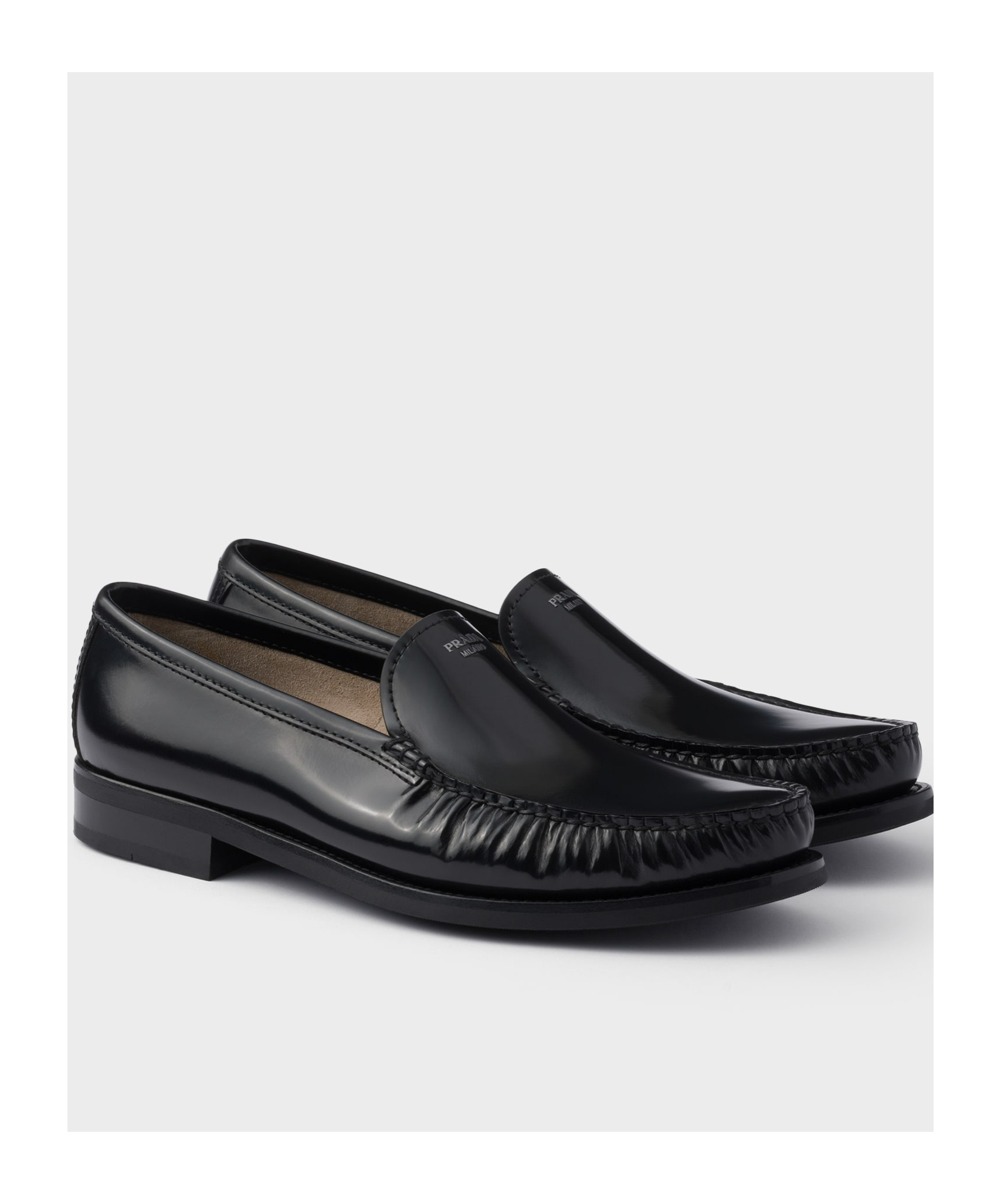 Prada Polished Leather Flat Shoes In Black