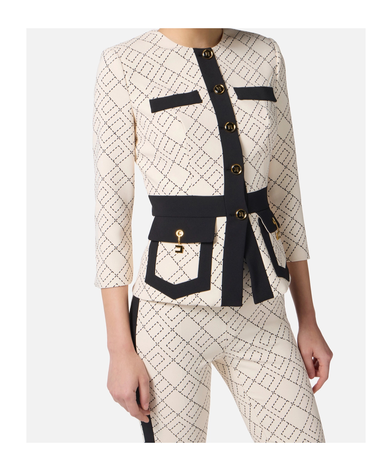 Elisabetta Franchi Chain Trim Blazer Geometric Pattern In Multi