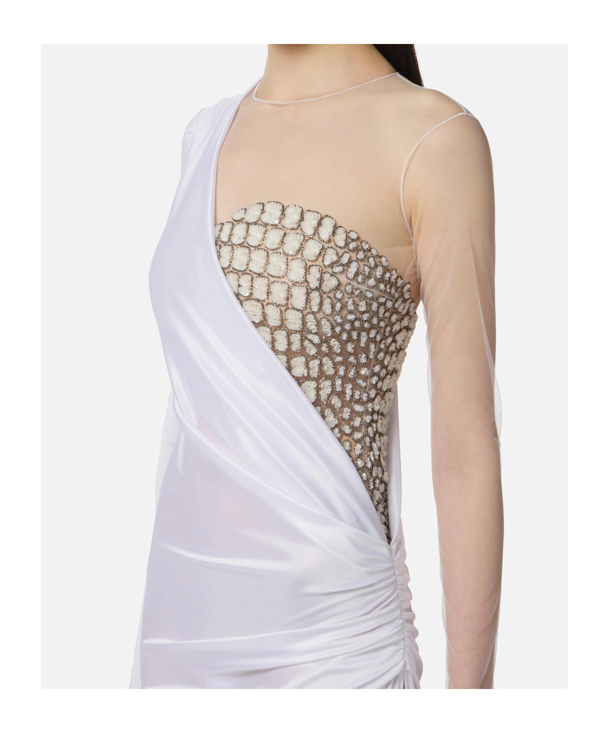 Elisabetta Franchi Red Carpet Tulle And Jersey Dress With Crocodile-effect Embroideries In White