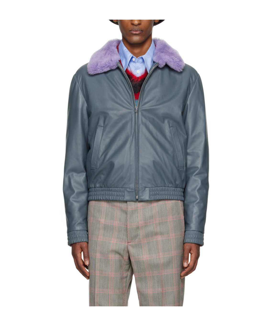 Marni Contrast-collar Leather Jacket In Gray