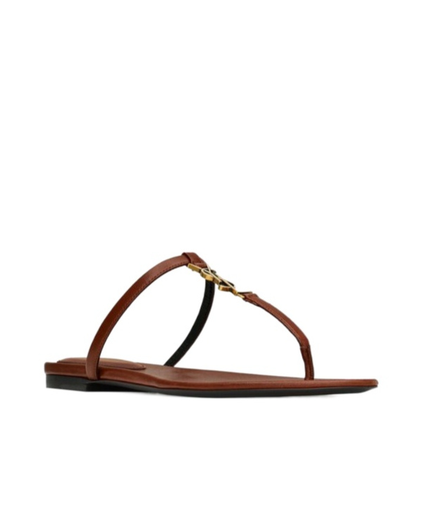 Saint Laurent Cassandra Leather Ysl Thong Sandals In Brown