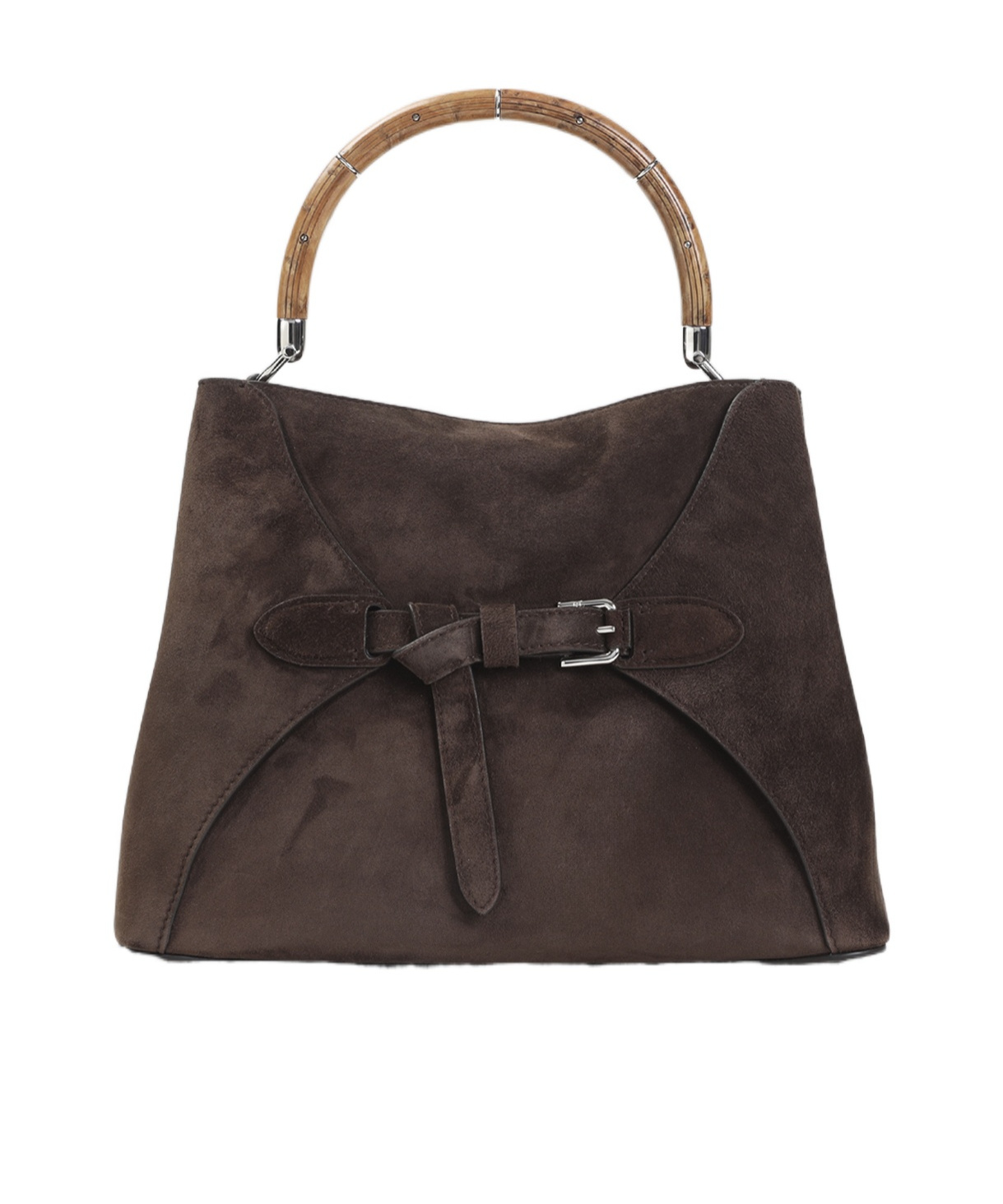 Ralph Lauren Structured Suede Bucket Bag With Bamboo Handle In Black