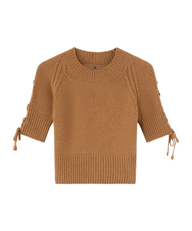 Ermanno Scervino Short-sleeve Sweater In Pure Cashmere With Side Braid Detail In Brown