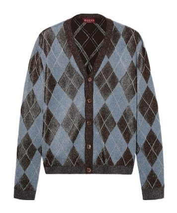 Gucci Wool Blend Cardigan With Embroidered Argyle Pattern In Gray Blue And Brown