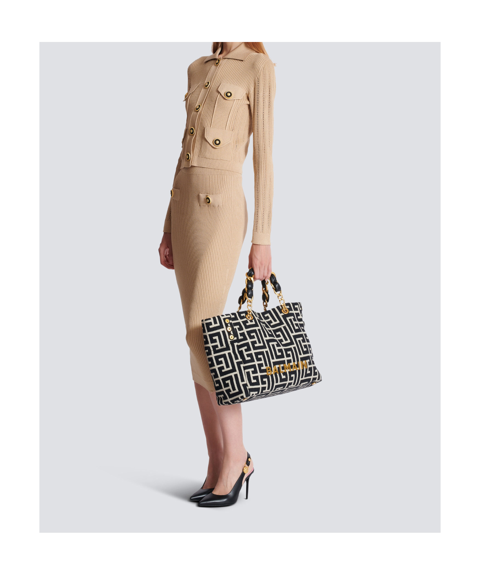 Shop Balmain Cropped Ribbed Knit Cardigan With Openwork Details In Nude