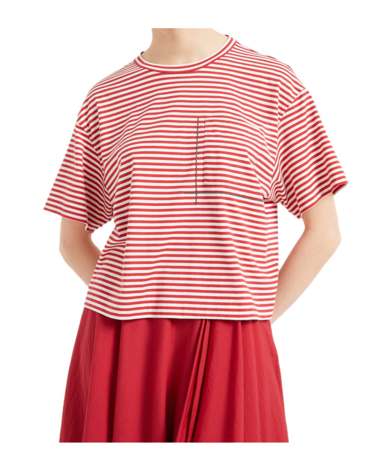 Brunello Cucinelli Red Crewneck T-shirt With All-over Striped Motif And Jewel Detail On The Front In In Red