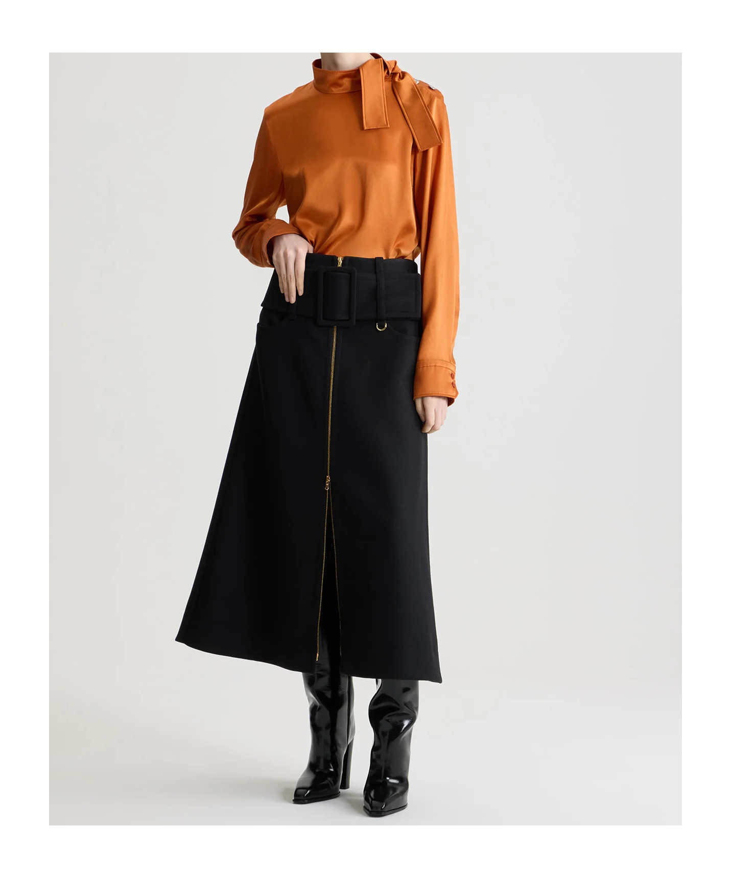 Patou Zip-front Belted Midi Skirt In Black