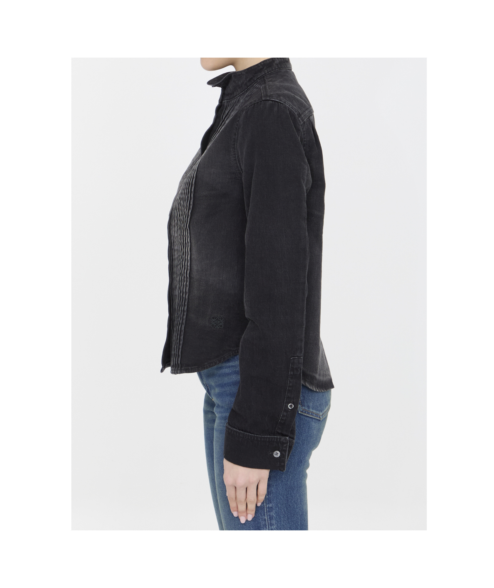 Loewe Pleated Bib Front Denim Cropped Shirt In Black