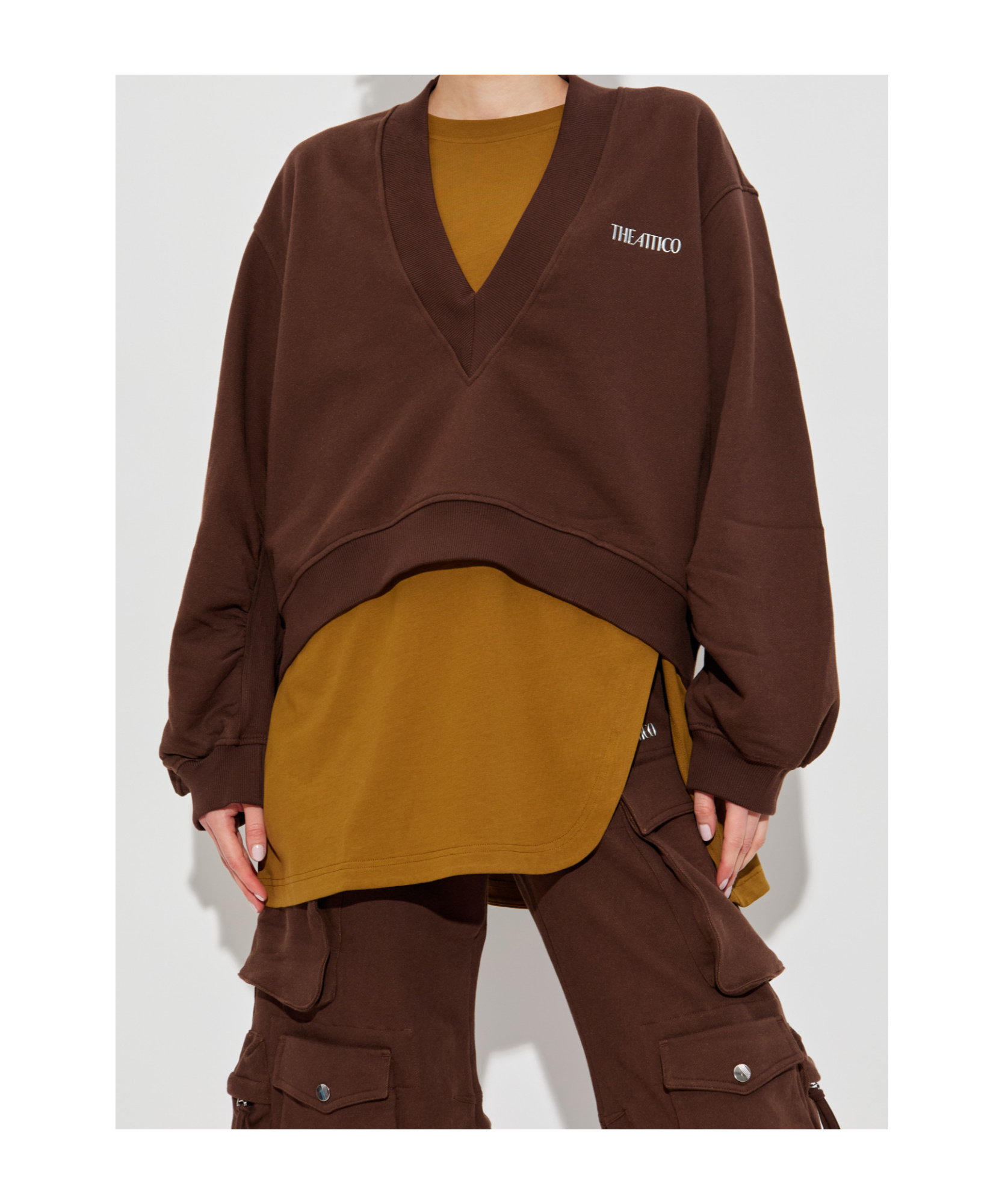 Attico Brown Cropped Sweatshirt With V Neck And Logo Lettering On The Front In Cotton Woman In Brown