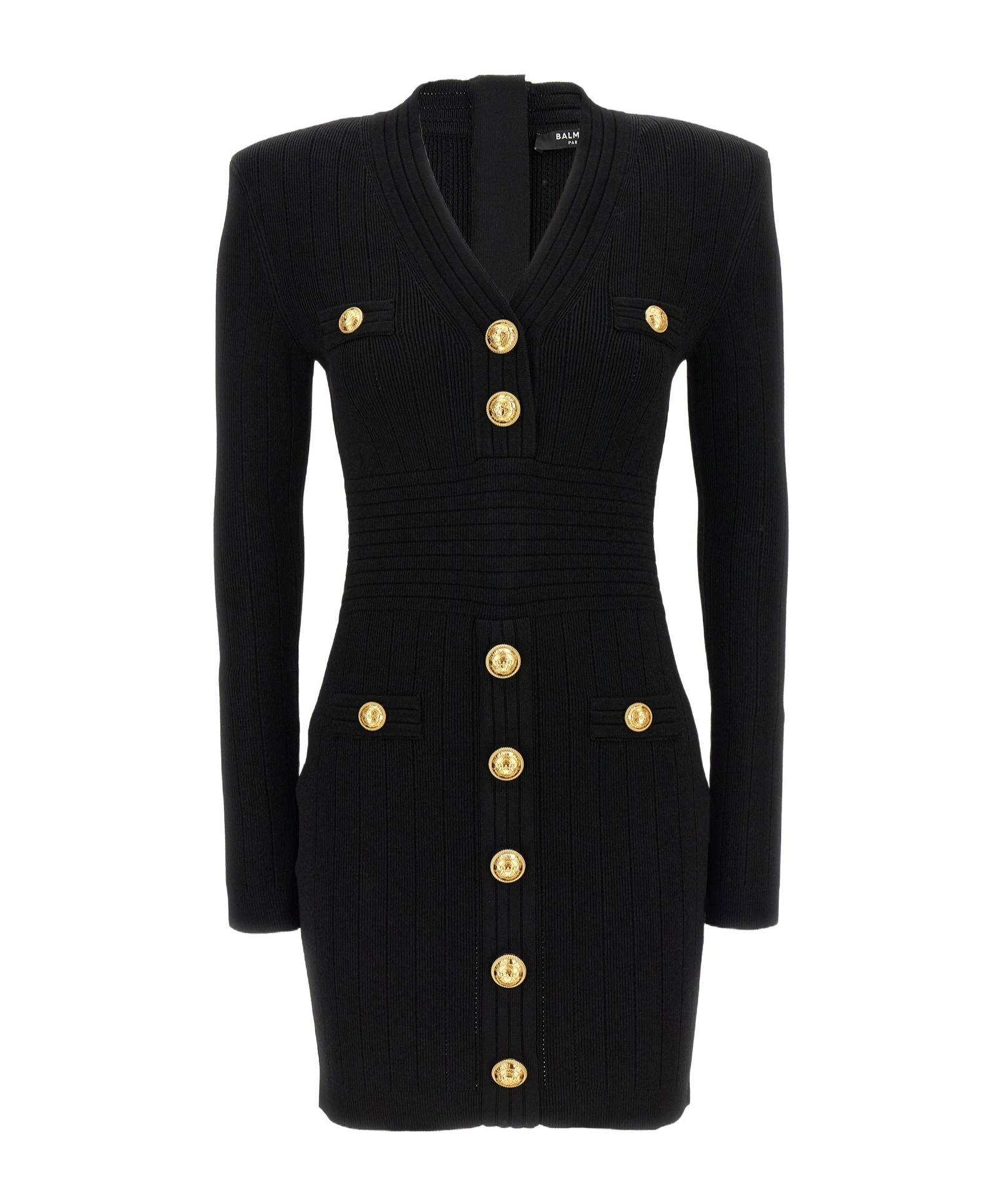 Shop Balmain Short Knitted Dress With Gold Buttons In Black