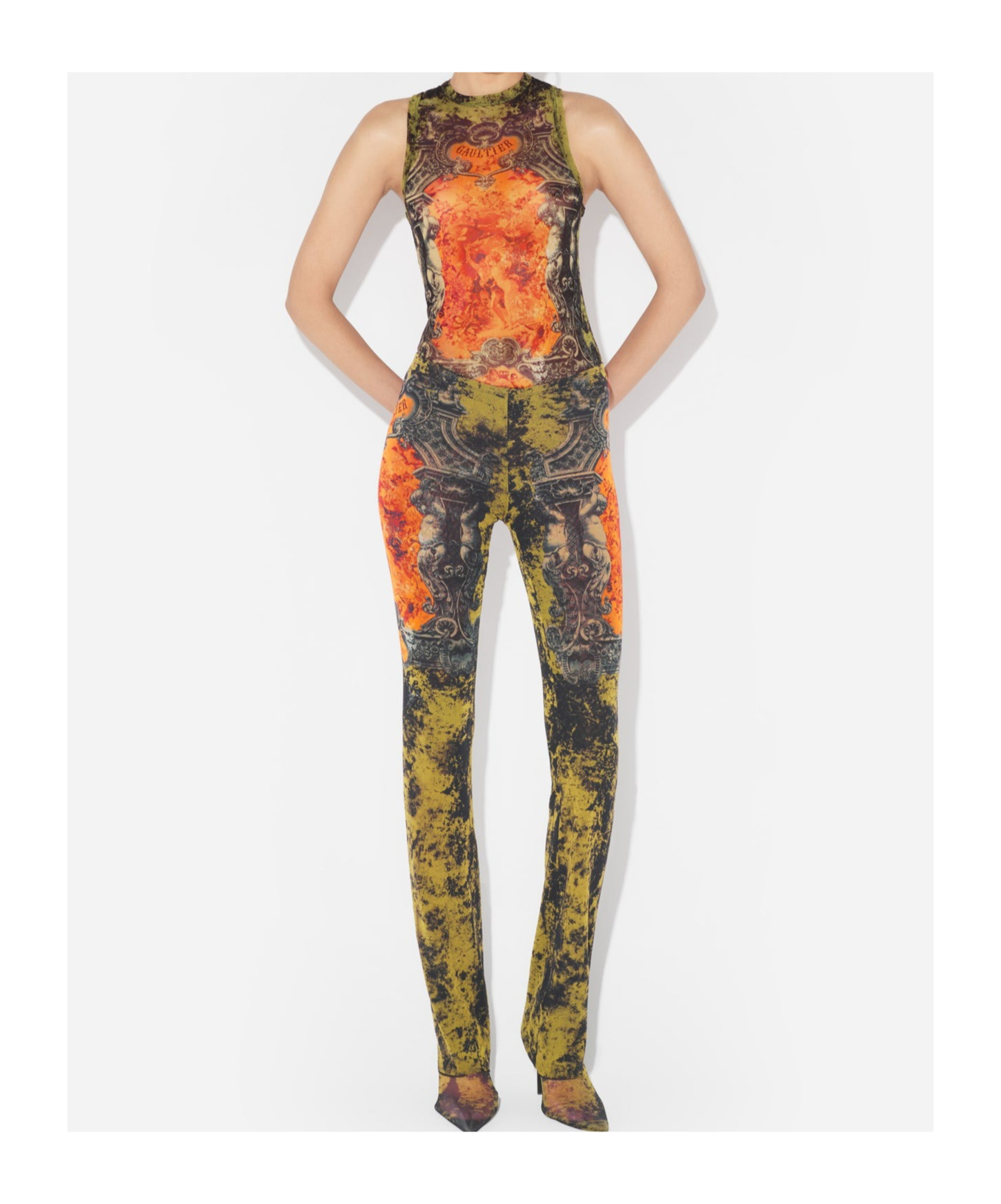 Jean Paul Gaultier Straight Flared Graphic Print Stretch Trousers In Multi