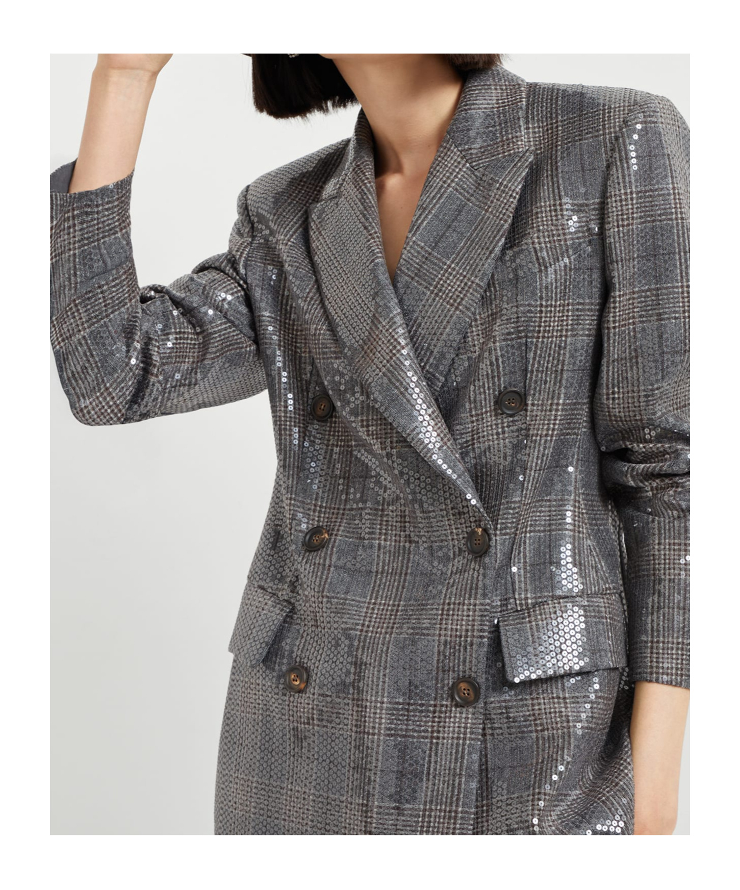 Brunello Cucinelli Glam Check Sequined Double-breasted Blazer In Gray