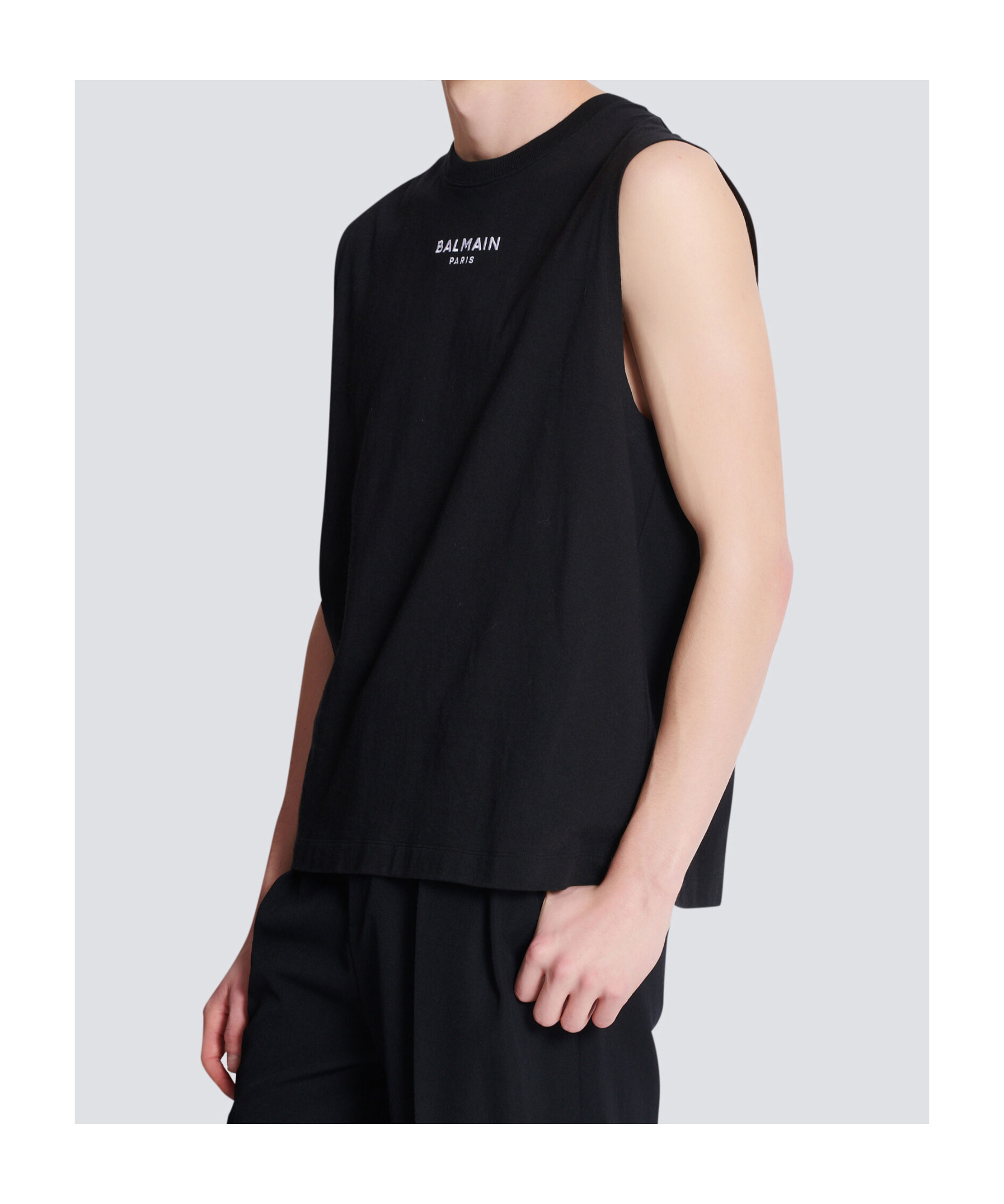 Balmain Black Crewneck Sleeveless Top With Logo Lettering Embroidery On The Front In Cotton Man