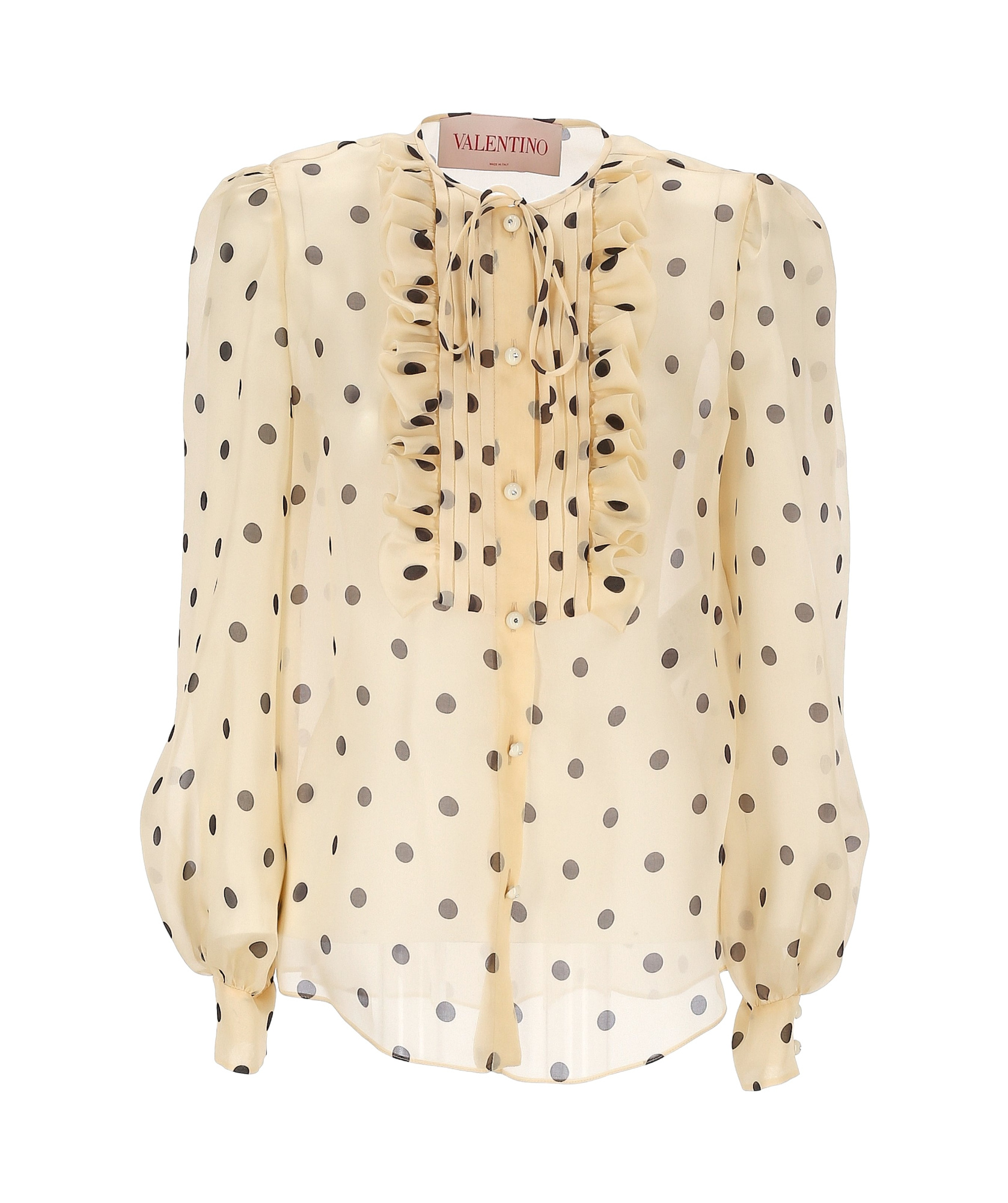 Valentino Garavani Polka Dot Ruffle Sheer Silk Organza Shirt In Yellow